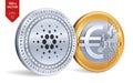 Cardano. Euro. 3D isometric Physical coins. Digital currency. Cryptocurrency. Golden and silver coins with Cardano and Euro symbol