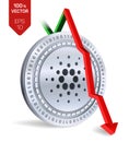 Cardano. Fall. Red arrow down. Cardano index rating go down on exchange market. Crypto currency. 3D isometric Physical Silver coin