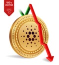 Cardano. Fall. Red arrow down. Cardano index rating go down on exchange market. Crypto currency. 3D isometric Physical Golden coin