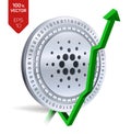 Cardano. Growth. Green arrow up. Cardano index rating go up on exchange market. Crypto currency. 3D isometric Physical Silver coin