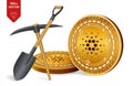 Cardano mining concept. 3D isometric Physical bit coin with pickaxe and shovel. Digital currency. Cryptocurrency. Golden Cardano c