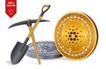 Cardano mining concept. 3D isometric Physical bit coin with pickaxe and shovel. Digital currency. Cryptocurrency. Golden and