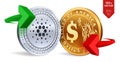 Cardano to dollar currency exchange. Cardano. Dollar coin. Cryptocurrency. Golden and Silver coins with Cardano and Dollar symbol