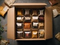 A cardboard box full of tea bag products