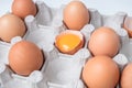 Cardboard box with brown chicken eggs on white table Royalty Free Stock Photo