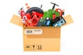 Cardboard box with car tools, equipment and accessories. 3D rend Royalty Free Stock Photo