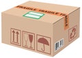 Cardboard box carton container closed parcel box package with handling packing icons text stickers bar code. Illustration isolated Royalty Free Stock Photo