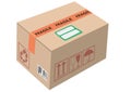 Cardboard box carton container closed parcel box package with handling packing icons text stickers bar code. Illustration isolated