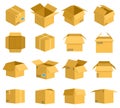 Cardboard box. Carton delivery packaging boxes, open and closed cardboard storage, mail postal parcel packaging vector