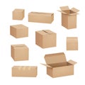 Cardboard box carton package set. Shipping delivery box mockup cargo design open cardboard parcel Royalty Free Stock Photo