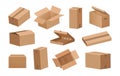 Cardboard box. Cartoon 3D delivery packages and parcels for shipping or transportation. Brown opened and closed