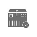 Cardboard box with check mark, cargo delivered, delivery verified grey icon. Royalty Free Stock Photo