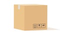 Cardboard box. Closed carton packaging cargo storage, beige square delivery parcel with sign angle view, industry