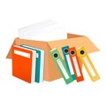 Cardboard box with colorful folders spilling out. Office moving concept or archiving paperwork vector illustration Royalty Free Stock Photo