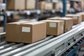 Cardboard box on conveyor belt in distribution warehouse Royalty Free Stock Photo