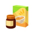 Cardboard box of corn flakes and jar of chocolate peanut butter. Tasty and healthy breakfast. Flat vector icons of