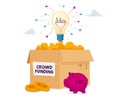 Cardboard Box for Crowdfunding Donation with Glowing Light Bulb, Piggy Bank and Pile of Golden Coins around