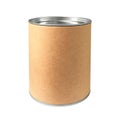 Cardboard Box in cylinder shape and steel cap isolated on pure white background. Aluminum jar for snack packaging. Clipping path