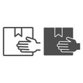 Cardboard box delivering hand holding line and solid icon, delivery and logistics symbol, Hand carrying package vector Royalty Free Stock Photo