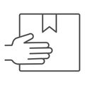 Cardboard box delivering hand holding thin line icon, delivery and logistics symbol, Hand carrying package vector sign Royalty Free Stock Photo