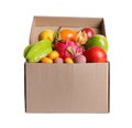 Cardboard box with different exotic fruits on white background Royalty Free Stock Photo