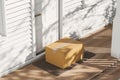 Cardboard box at the doorstep, parcel delivery. Mockup