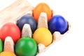 Cardboard box with Easter colored eggs. Royalty Free Stock Photo