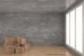 Cardboard box in the empty concrete room in 3D rendering