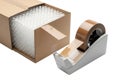 Cardboard box packed with protective bubble wrap and a tape dispenser ready for shipping Royalty Free Stock Photo