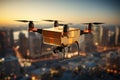 Cardboard box with four rotors, flying on the city background. Carrying a package, drone delivery concept Royalty Free Stock Photo