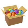 Cardboard box full of Christmas balls isolated.