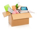 Cardboard box full with household stuff Royalty Free Stock Photo