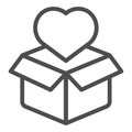 Cardboard box with heart line icon. Package and heart vector illustration isolated on white. Love present outline style