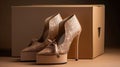 Cardboard box with high-heeled shoes on color background, AI Generative Royalty Free Stock Photo