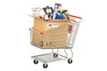 Cardboard box with household and kitchen appliances in the shopping cart. 3D rendering Royalty Free Stock Photo