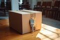 Cardboard box with keys on wooden table in coffee shop, stock photo, Moving house, relocation. The key was inserted into the door