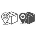 Cardboard box with map pin line and solid icon, delivery and parcel tracking symbol, package location monitoring vector