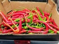 Red and green peppers on a market stall Royalty Free Stock Photo