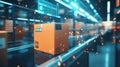 Cardboard box moving on conveyor belt in innovative automated warehouse