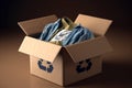 Cardboard box with old clothes for recycling and donating. Used clothes for sale, recycle or donation. AI generated