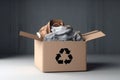 Cardboard box with old clothes for recycling and donating. Used clothes for sale, recycle or donation. AI generated
