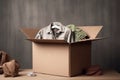 Cardboard box with old clothes for recycling and donating. Used clothes for sale, recycle or donation. AI generated