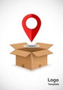 A cardboard box with open flaps is shown with a stylized red location pin hovering above it. The Royalty Free Stock Photo