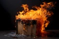 Cardboard box overflowing with gasoline and engulfed in flames