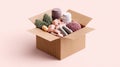 A cardboard box is overflowing with various objects in a soft, pastel-colored composition. Royalty Free Stock Photo