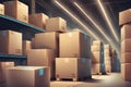 Cardboard box packages warehouse fulfillment, distribution conveyor system products stored, start-up, small business owner,