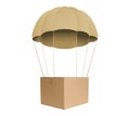 Cardboard box with parachute flying on white background