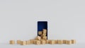Cardboard box parcel overflow from smartphone display, online delivery concept, 3D rendering
