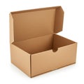Cardboard box with a partially open lid. Made of corrugated cardboard, it\'s rectangular Royalty Free Stock Photo