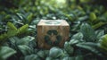 Cardboard box with a recycling sign on a forest background. Royalty Free Stock Photo